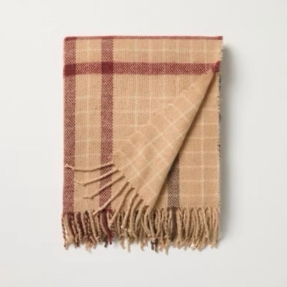 Fall Plaid Throw Blanket Blush Brown Red w/ Fringe 60" x 50" Hearth & Hand NWT